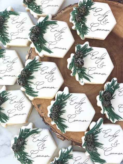 Christmas Cookies Wedding, Christmas Wedding Shower Cookies, Wedding Christmas Cookies, Winter Bridal Shower Cookies, Christmas Bridal Shower Cookies, November Wedding Theme, Christmas Wedding Cookies Decorated, Christmas Engagement Cookies, Winter Wedding Cookies Decorated