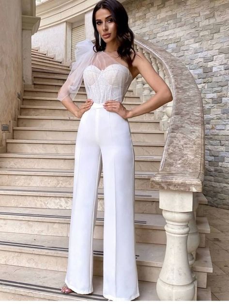 Bride Night Out Outfit, White Wedding Jumpsuit, Jumpsuit Bride, Jumpsuit For Wedding, Wedding Reception Outfit For Bride, Reception Outfit For Bride, Simple Jumpsuit, White Jumpsuit Wedding, Wedding Dress Jumpsuit