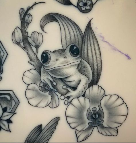 Froggy Orchid Tattoo Idea Name Cover Up Tattoos For Women Shoulder, Frog With Flower Drawing, Frog In Flowers Tattoo, Frog And Bee Tattoo, Girly Frog Tattoo, Glass Frog Tattoo, Whimsical Frog Tattoo, Floral Frog Tattoo, Insect Flash Tattoo