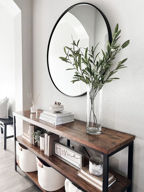 Modern farmhouse transitional entryway styling Entryway Cutout Decor, House Entrance Ideas Entryway Farmhouse, Entryway Ideas Modern Farmhouse, Transitional Style Entryway, Entryway Table Ideas Front Entrances, Modern Rustic Foyer, Transitional Entry Way, Modern Farmhouse Entry Table, Entryway Table Ideas Modern