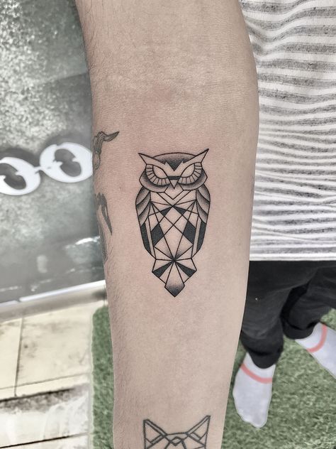 Owl Tattoo Geometric Design, Creator Tattoo Words, Small Owl Tattoo, Owl Tattoo Men, Tiny Owl Tattoo, Eagle Back Tattoo, Mens Owl Tattoo, Geometric Owl Tattoo, Geometric Tattoo Sleeve Designs