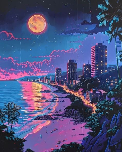 Chill Wave Aesthetic, Synthwave Pixel Art, Hyperwave Aesthetic, 80s Aesthetic Paintings, Citypop Art, Cyberwave Aesthetic, Vaporwave Painting, Vaporwave Illustration, Vice Aesthetic