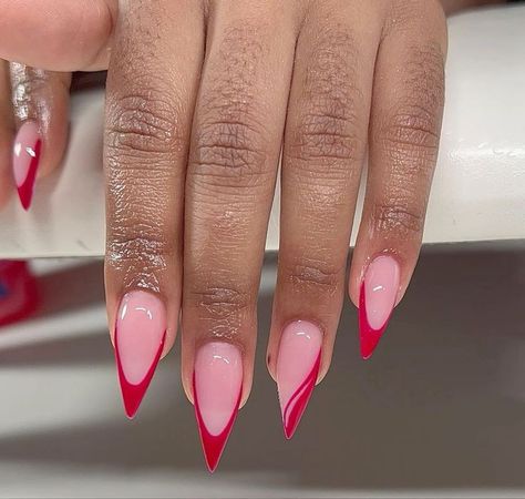 Red Stilleto Nails Design, Red Nails With Pink French Tip, Pink Stilleto Nail Ideas, Pink And Red Stiletto Nails, Stiletto Red Nails Design, Red Stilleto French Tip, Pink Nails With Red French Tip, Red French Tip Stiletto Nails, Pink And Red French Nails