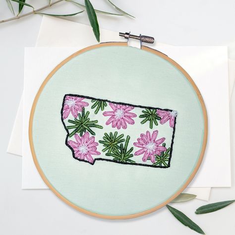 Montana Embroidery, State Embroidery, Flower Hand Embroidery, Magenta Flowers, Montana State, Balsa Wood, Unique Embroidery, Digital Patterns, State Outline