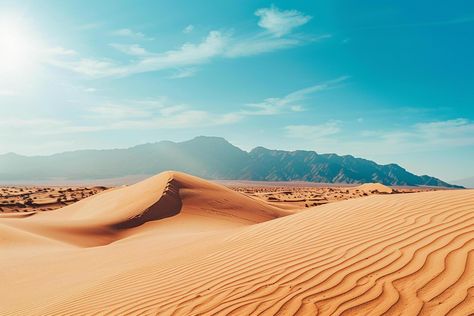 Desert Dunes Under a Blue Sky with Distant Mountains for Desert Landscape Background Seasonal Backgrounds, Desktop Wallpaper Hd 1080p, Blue Desert, Distant Mountains, Desert Dunes, Landscape Background, Tree Saw, Desert Landscape, Cityscape Photos