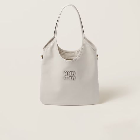 Leather Lettering, Prada 2005, Lettering Logo, Miu Miu Wallet, Novelty Bags, Chalk White, Leather Hobo Bag, Leather Handles, Leather Hobo