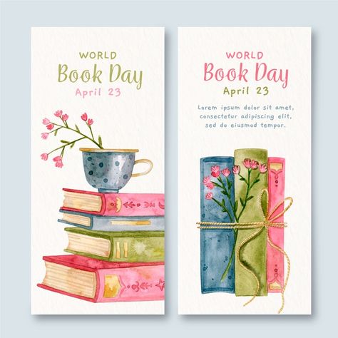 Watercolor world book day banners Free V... | Free Vector #Freepik #freevector #watercolor Book Day Drawings, Creative Bookmarks Design Free Printable, Watercolor Book Painting, Watercolor Books Painting, Book Mark Designs, Books Watercolor, Books Drawing, Book Drawings, Book Watercolor