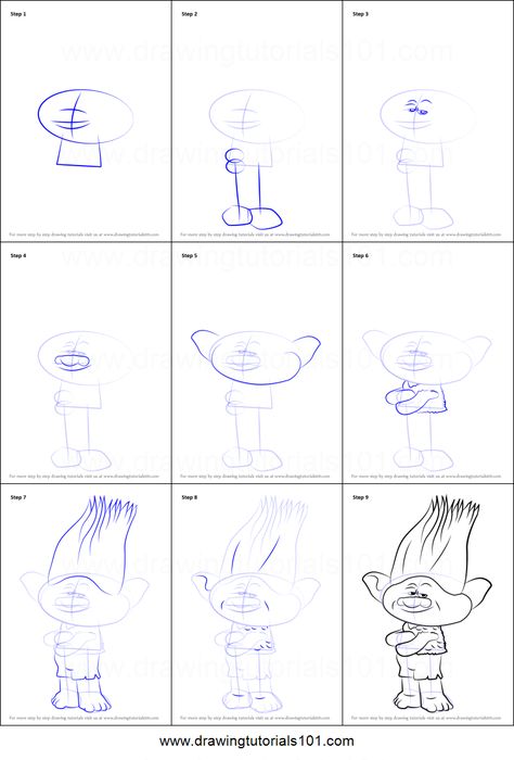 How To Draw Trolls, How To Draw Characters Step By Step, Branch From Trolls, How To Draw Cartoons, Disney Drawing Tutorial, Draw Cartoons, Branch Trolls, Easy Cartoon Drawings, Drawing Sheet