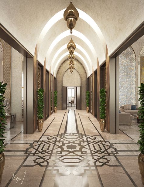 MODERN ANDALUSIAN MAJLIS IN DOHA, QATAR on Behance Islamic Reception Design, Interior Mosque, Modern Islamic Interior, Mosque Interior, Arabic Interior Design, Andalusian Architecture, Islamic Interior Design, Moroccan Restaurant, Amazing Interior Design