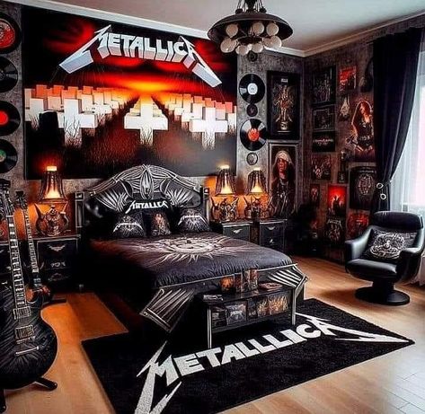 Metalhead Room, Rock N Roll Bedroom, Punk Room, Music Themed Bedroom, Grunge Bedroom, Music Room Design, Room Wishlist, Mens Bedroom Decor, Cool Room Decor