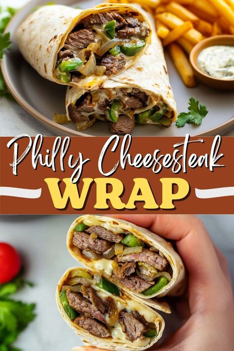 This Philly cheesesteak wrap turns the classic sandwich into a portable lunch! It's packed with tender beef, melty provolone, peppers, and onions. Philly Cheese Steak Wraps Recipe, Philly Cheese Steak Burrito, Easy Wrap Ideas, Adult Packed Lunch, Philly Wrap, Beef Wraps Recipes, Wrap Recipes Healthy, Philly Cheesesteak Wraps, Wrap Ideas For Lunch