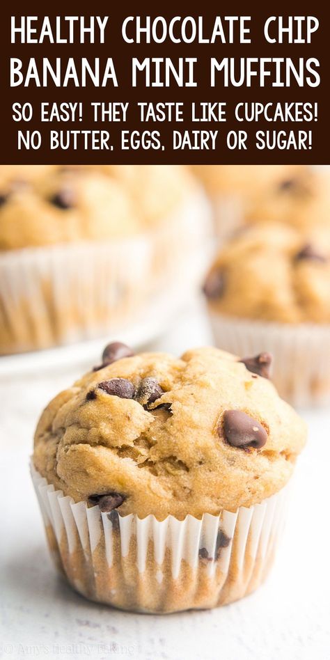 Healthy Chocolate Chip Banana Mini Muffins – SO easy & good! These taste like you're eating CUPCAKES for breakfast! ♡ low calorie no sugar banana muffins recipe. best chocolate chip banana mini muffins. easy moist vegan banana muffins no eggs. dairy free sugar free ww banana muffins. Ww Banana Muffins, Mini Muffins Easy, No Sugar Banana Muffins, Low Calorie Banana Muffins, Banana Muffins No Sugar, Banana Mini Muffins, Sugar Free Banana Muffins, Low Calorie Muffins, Low Sugar Muffins