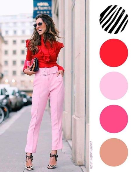 Red Pink Combination Dress, Red Color Palette Outfit, Red Pink Outfit Color Combos, Pink Colorblock Outfit, Rosa Y Rojo Outfits, Pink Color Block Outfits, Red Colour Combinations Dress, Red Colour Combinations Outfit, Outfit Rojo Y Rosa