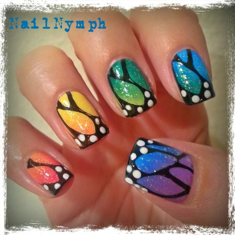 Rainbow butterfly wings. Rainbow Butterfly Nails, Butterfly Nails Ideas, Wednesday Nails, Nails Animals, Anna Nails, Painted Fingernails, Nails Butterfly, Oval Nails Designs, Nails Easter