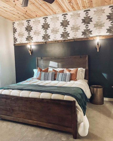 Accent Bedroom Wall, Wood Slat Ceiling, Black Bedroom Design, Paint Wallpaper, Bedroom Accent, Black Bedroom, Cabin In The Woods, Cabin Life, Painting Wallpaper