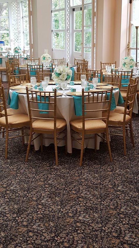 My gold and turquoise reception..turned out better than I thought it would @ Mt. Airy Mansion Champagne And Turquoise Wedding, Teal And Gold Quinceanera Theme, Turquoise And Gold Centerpieces, Aqua Blue And Gold Wedding, Teal Gold And White Wedding, Turquoise And Gold Wedding, Turquoise Gold And White Wedding, Teal Gold White Wedding Table Settings, Chanpagne And Turquesa Tables