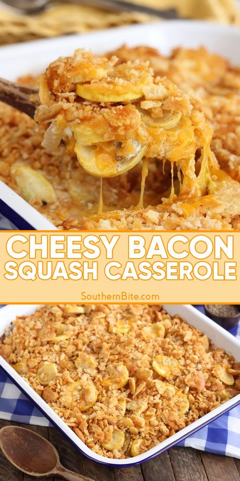 This Squash Casserole recipe is a delicious Southern combination of yellow summer squash, bacon, cheese, and buttery Ritz crackers. Bacon Squash Casserole, Squash And Cheese Recipes, Different Veggie Recipes, Hidden Squash Recipes, Veg All Recipes, Potato And Squash Recipes, Good Veggie Side Dishes, Garden Veggie Recipes, Recipes Using Squash