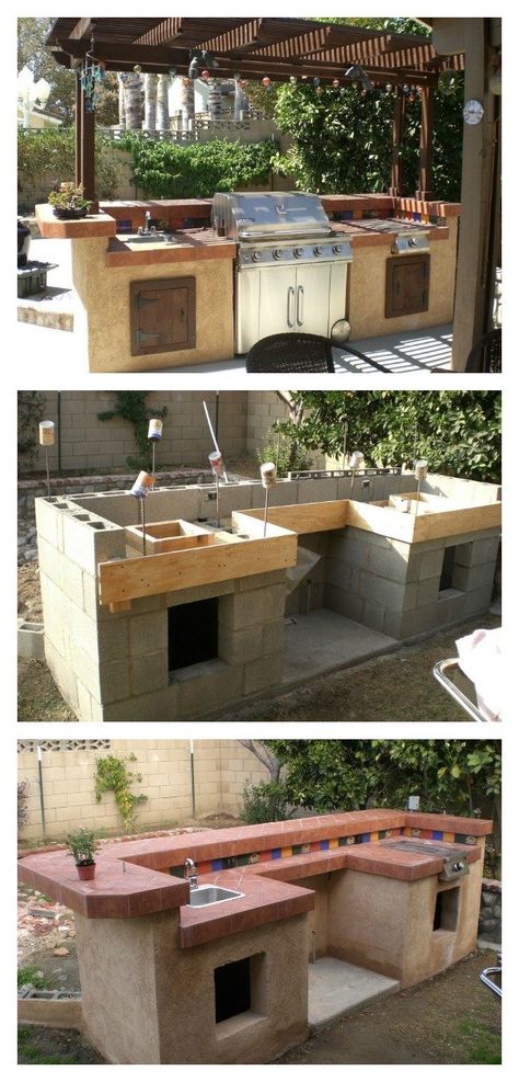 DIY Concrete Cinder Blocks Outdoor Barbecue Kitchen Diy Barbecue, Patio Grill, Concrete Patios, Outdoor Kitchen Decor, Cinder Blocks, Outdoor Kitchen Bars, Outdoor Kitchen Plans, Build Outdoor Kitchen, Outdoor Barbecue