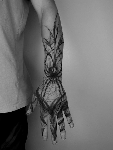 Spider Arm Sleeve Tattoo, Large Spider Tattoo, Spider Hand Tattoos For Guys, Spider Web Sleeve Tattoo, Abstract Spider Tattoo, Spider Tattoo Sleeve, Spider Sleeve Tattoo, Spider Forearm Tattoo, Hand Spider Tattoo