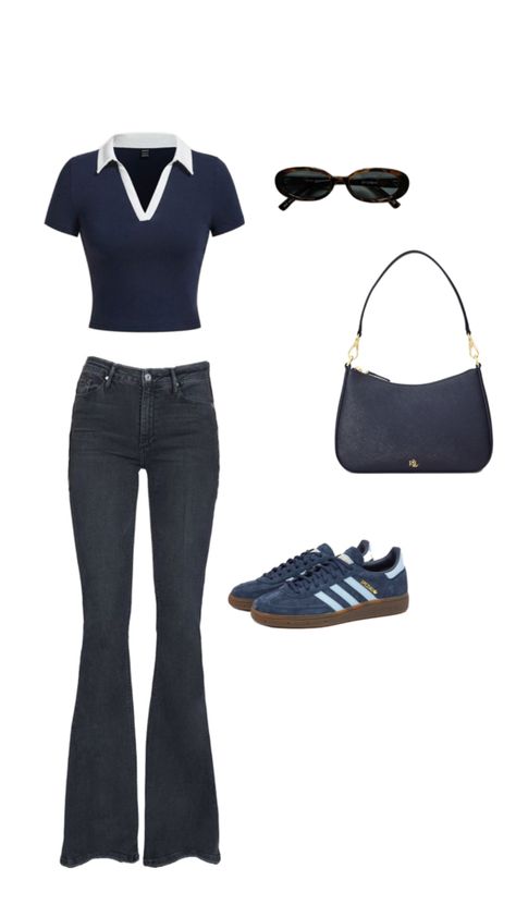 Blue top, crop top, adidas sneakers, blue bag aesthetic, sun glasses aesthetic, blu and white T-shirt/ crop top, Black flare pants Jeans College Outfit, Blue Flared Jeans Outfit, Blue Flare Jeans Outfit, Blue Casual Outfit, Black Flare Jeans Outfit, Aesthetic Back To School Outfits, Flare Pants Jeans, Casual Outfit Aesthetic, College Outfits Aesthetic