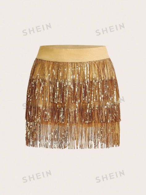 SHEIN ICON Summer Spring Outfits Music Festival & Party Outfits Ladies" Two-Tone Fringed Sequined Multi-Piece Short Skirt | SHEIN USA 1920s Headband, Taylor Outfits, Tassel Skirt, Taylor Swift Tour Outfits, Sparkle Skirt, Gold Skirt, Shein Icon, Gold Fringe, Bachelorette Outfits