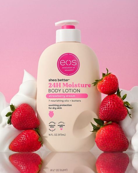 Lotion For Strawberry Skin, Strawberry Body Products, Strawberry Lotion Aesthetic, Strawberry Body Lotion, Strawberry Milk Body Lotion, Eos Lotion, Eos Products, Scented Lotion, Strawberry Pink