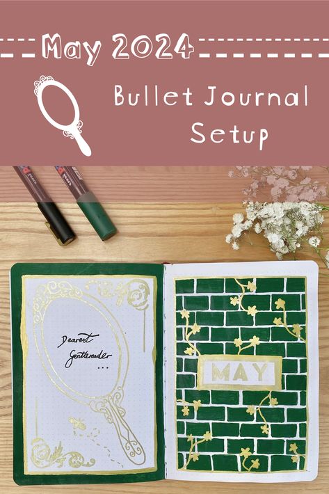 A green and gold bullet journal setup, inspired by #polin and the upcoming season of Bridgerton, for May 2024 🐝🪞💚✨🖋 Bridgerton Bullet Journal, Capital Fonts, Cover Quotes, Blog Planning, Gold Pen, Big Cakes, Watch Party, My Themes, Reading Journal