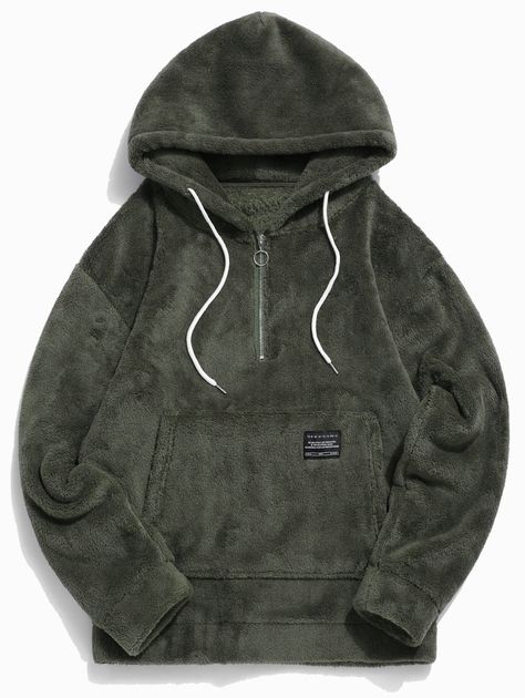 Applique Solid Color Faux Fur Half Zipper Drawstring Hoodie  ARMY GREEN WARM WHITE , #SPONSORED, #Faux, #Fur, #Zipper, #Applique, #Solid #Ad Fem Style, Fluffy Hoodie, Fuzzy Hoodie, Cheap Sweatshirts, Casual Cargo Pants, Latest Mens Fashion, Hooded Shirt, Long Sleeve Plaid, Basic Outfits