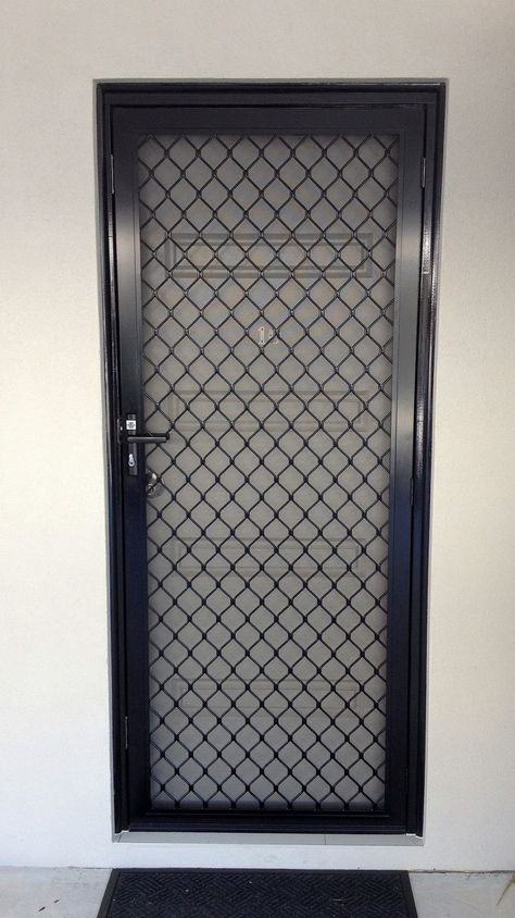 Black Diamond Grille Security Screen Door Black Metal Screen Door, Safty Grills For Wall, Grill For Door Design, Door Screens Ideas, Door Grill Design Metals, Screen Doors Ideas, Metal Screen Door Ideas, Screen Door Design, Exterior Screen Doors