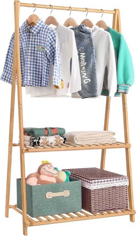 Amazon.com: Jotsport Small Clothes Rack Kids Dress Up Storage for Playroom, Toddlers Bedroom, Bamboo Child Garment Rack with 2 Tier Storage Shelf, Kids Clothing Rack Costumes Organizer : Home & Kitchen Storage For Playroom, Kids Dress Up Storage, Small Clothes Rack, Clothes Rack Closet, Toddlers Bedroom, Wooden Drying Rack, Dress Up Storage, Kids Clothing Rack, Portable Clothes Rack