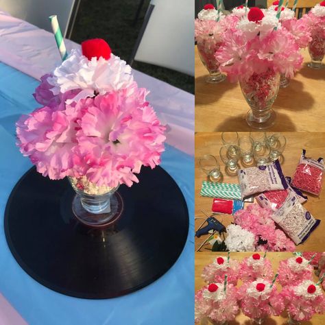 DIY 50's theme centerpieces 1950's party Sock Hop Sock Hop Party Ideas, Sock Hop Decorations, 50s Party Decorations, 1950s Theme Party, Grease Themed Parties, Grease Party, 50s Theme, 50s Theme Parties, Retro Classroom