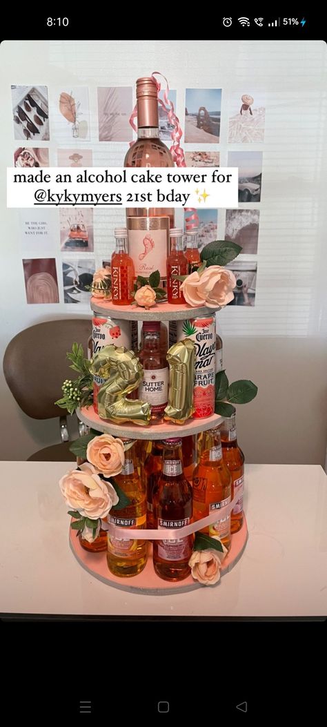 Alcohol Bday Cake, 21st Alcohol Cake, 21st Birthday Alcohol Cake Tower, Alcohol Centerpieces Parties, 21st Alcohol Tower, Drink Cake Tower, 21st Birthday Drink Cake, Shot Cake Ideas, Country 21st Birthday Ideas