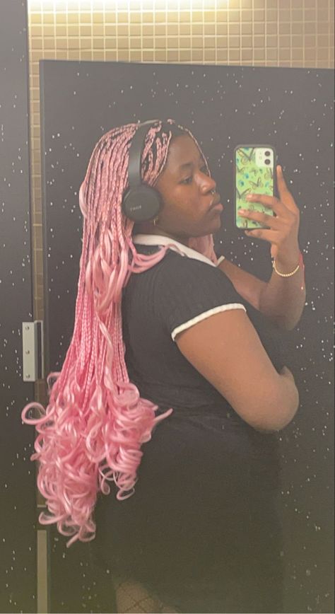 layered pink braids black girl mirror picture sony headphones Colourful Box Braids, Box Braids Colorful, Layered Curly Braids, Layered Blonde Braids, Pink French Braids, Layered Dolly Braids, Colored French Curl Braids, Braids Pink, Pink Twists