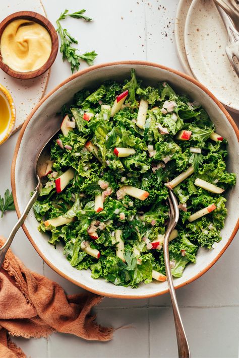 Quick kale apple slaw with a zippy Dijon vinaigrette. A simple, plant-based side for fall and beyond! Just 1 bowl, 10 minutes, and 9 ingredients required! Zoe Recipes, Lettuce Salads, Massaged Kale Salad, Kale Slaw, Vegan Crab, Spicy Cashews, 2023 Recipes, Massaged Kale, Super Salads