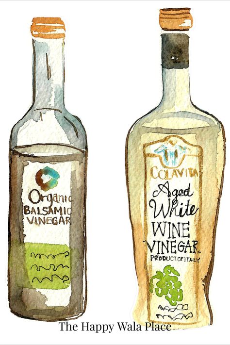 Watercolor, pen, and ink illustration of one balsamic and one aged white wine vinegar bottles Vinegar Illustration, Vinegar Drawing, Cookbook Drawings, Wine Bottle Drawing, Packaging Illustration, Homemade Cookbook, Bottle Drawing, Wine Vinegar, Ink Illustration