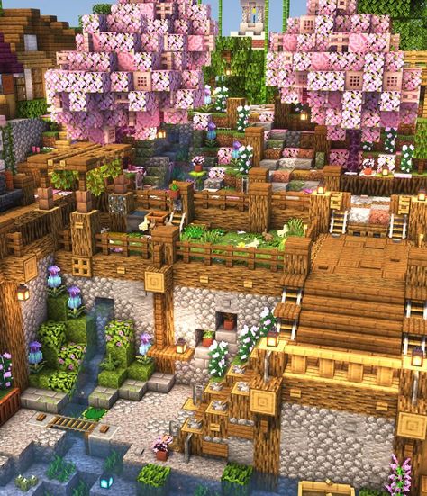 Cute Minecraft Aesthetic Builds, Farm Inspo Minecraft, Corner Mountain House Minecraft, Minecraft Cute Town Ideas, Minecraft Building Ideas Dock, Cute Minecraft Mountain House, Minecraft Community Garden, Minecraft Hill Base, Minecraft Underground Garden