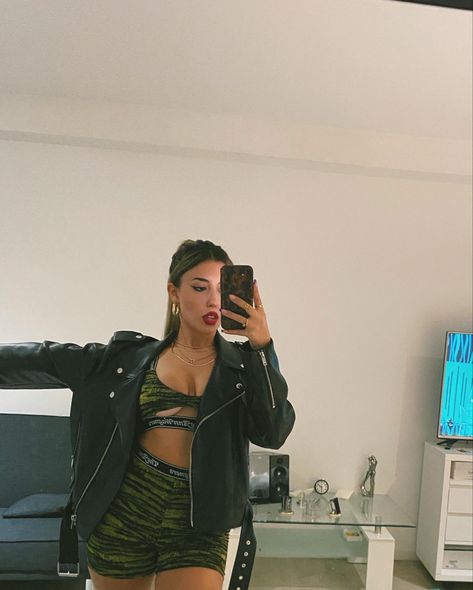 The ann wagners biker shorts top set leather jacket outfit Leather Jacket Outfit, Leather Jacket Outfits, Jacket Outfit, Biker Shorts, Jacket Outfits, Short Tops, Leather Jacket, Mirror Selfie, Leather