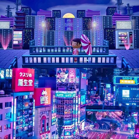 Chinese Cityscape, Acnh Cyberpunk, Acnh Citycore, Animale Crossing, Acnh Inspiration, Cyberpunk Design, Tokyo City, Acnh Ideas, Isometric Art