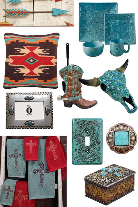 Southwestern Bathroom Decor, Modern Southwest Bedroom, Western Apartment Decor, Western Modern Home Decor, Southwest Bedroom, Western Living Room Decor, Wrought Iron Accessories, Turquoise Furniture, Western Living Room