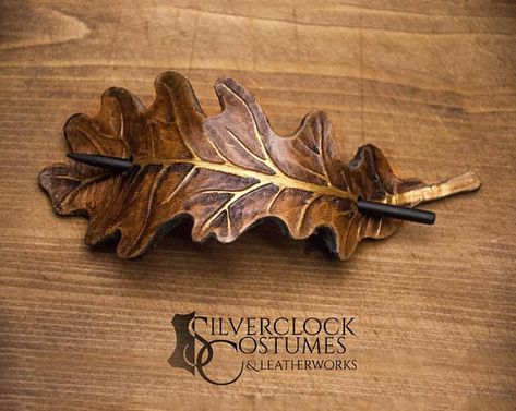 LEATHER OAK LEAF barrette leaves hairpin carved hair clip #leatherwork #hairclip  #oak Leather Hair Accessories, Bun Holder, Leather Jewellery, Larp Costume, Leather Workshop, Leather Stamps, Oak Leaf, Leather Projects, Hair Ornaments