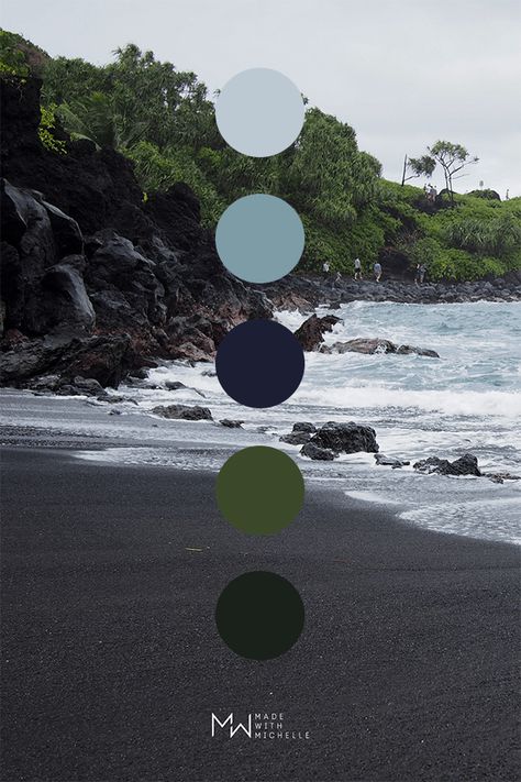 Blue and green color palette inspired by nature. Photo taken at a black sand beach on Maui Hawaii. #colorscheme #logodesign #interiordesign #brandinginspiration #madewithmichelle Moss Green And Blue Color Palette, Colors That Make You Happy, Hawaii Colour Palette, Moody Beach Color Palette, Blues And Greens Color Palette, Oregon Coast Color Palette, Blue And Green Brand Color Palette, Color Palettes Branding, Blue Green Black Color Palette