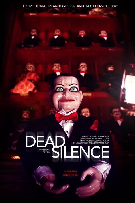 Dead Silence is an okay movie (sometimes is kinda boring), but has something I wasn't expecting at all. Dead Silence Movie, Silence Movie, Dead Silence, Puppet Costume, Pastel Pink Aesthetic, Fruit Art, Movie List, Film Posters, Scary Movies