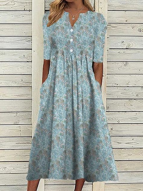 2023 Trend Outfits Casual Floral Dress, Floral Dress Casual, Floral Dresses Short, Cotton Blends Dress, V Neck Midi Dress, Pleated Midi Dress, Loose Dress, Types Of Dresses, Pocket Dress