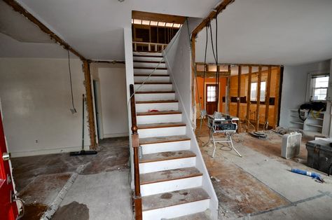 staircase reno  open concept  SoPo Cottage: The Beach Cottage - Reinventing a 1940's Cape Cod Cape Cod Interiors, Cape Cod Living Room, Cape Cod House Interior, Cape Cod Renovation, Home Renovation Ideas, Dark Living Rooms, Staircase Remodel, Cape House, Cape Cod House