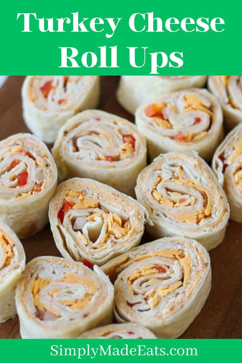 Turkey and cheese rolls up on platter. Turkey Cheese Roll Ups, Turkey And Cheese Roll Ups, Pinwheel Appetizers Cream Cheese, Roll Up Sandwiches, Cheese Tortillas, Turkey Pinwheels, Cheese Roll Ups, Turkey Roll Ups, Cream Cheese Pinwheels