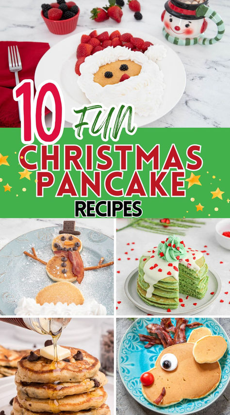 Photo collage of Christmsa pancakes recipes. Christmas Breakfast Reindeer, Special Christmas Breakfast For Kids, Reindeer Breakfast Ideas, Christmas Pancake Breakfast, Christmas Morning Ideas For Kids Santa, Christmas Morning For Kids, Elf On The Shelf Pancake Ideas, Cute Christmas Food Ideas For Kids, Christmas Morning Pancakes