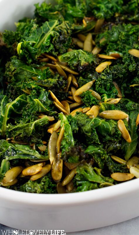 Roasted Kale With Pepitas, Garlic + Lemon - Whole Lovely Life Roasted Kale, Oven Roasted Kale, Lemon Pepper Vegetarian, Roasted Kale Recipes, Roasted Kale And Sweet Potato, Lemon Dijon Roasted Carrots With Feta, Sauteed Kale With Garlic, Garlic Kale Sauteed, Kale Dishes