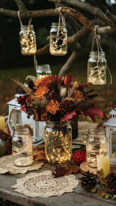 Practical Magic Wedding, Maroon Fall Wedding, Wedding Decor Candles, Fall Wedding Decor Ideas, Wedding Decor Flowers, Fall Wedding Table Decor, Autumn Reception, Rustic Buffet, Elegant Fall Wedding