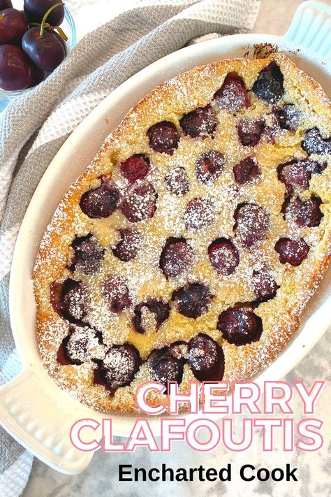 Cherry and custard like cake in a white baking dish with text overlay. Cherry Clafoutis, Dutch Baby Pancake, Easy To Make Desserts, French Dessert, Dutch Baby, Fresh Cherries, Foodie Recipes, Fruit Recipes, Summer Desserts