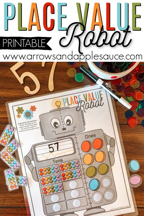 Place Value Robot - Arrows & Applesauce Place Value Projects, Robot Printable, Place Value Centers, Place Value Cards, Place Value Games, Place Value Activities, 2nd Grade Activities, Place Value Worksheets, Homeschool Worksheets